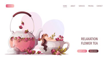 Web siteniz için tasarım şablonu. Çiçekli güzel bir kadınla çay saati afişi, el yapımı çay saati posteri..