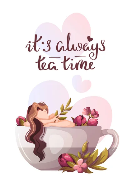 Design Template Your Website Tea Time Banner Beautiful Woman Cup — Stock Vector