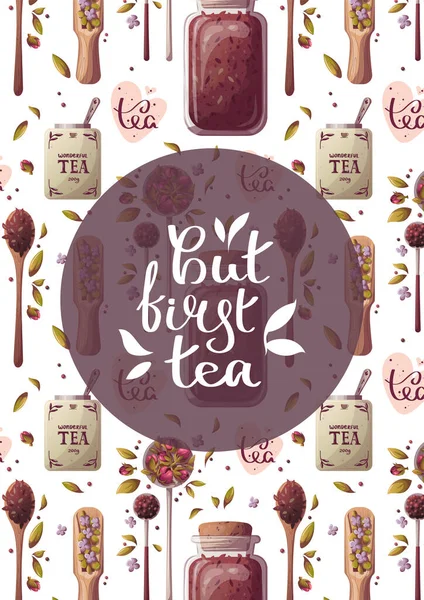 Design Template Card Tea Time Banner Hand Drawn Tea Time — Stock vektor