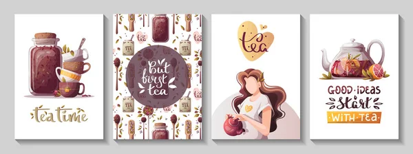 Modello Design Scheda Ora Del Banner Disegnato Mano Tea Time — Vettoriale Stock