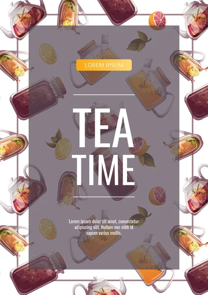 Design Template Flyer Tea Time Banner Hand Drawn Tea Time — Stock vektor