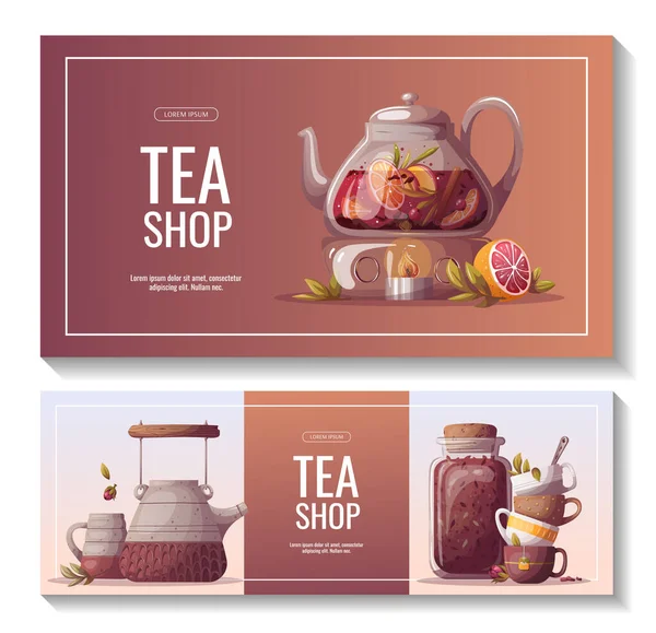 Satz Von Designvorlagen Teezeit Banner Handgezeichnetes Teezeit Set Für Die — Stockvektor