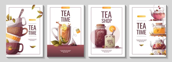 Set Design Templates Tea Time Banners Hand Drawn Tea Time — Stock vektor