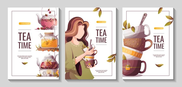 Satz Von Designvorlagen Für Karten Tea Time Banner Mit Schöner — Stockvektor