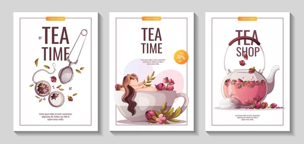 Set Design Templates Cards Tea Time Banners Beautiful Woman Hand — Stock vektor