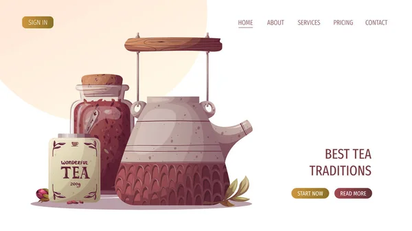 Шаблон Дизайну Вашого Сайту Банер Чаю Мальований Вручну Чайний Набір — стоковий вектор