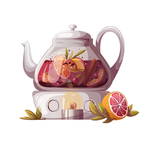 Élément Design Tea Time Bouilloire Dessinée Main Avec Thé — Image vectorielle