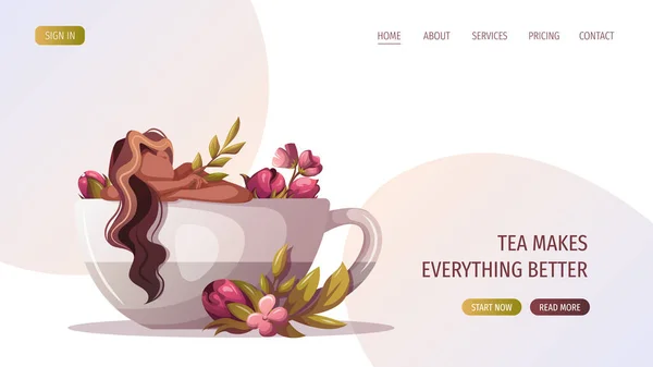 Design Template Your Website Tea Time Banner Beautiful Woman Cup — Stock vektor