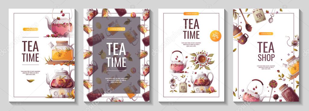 set of design templates. tea time banners, hand-drawn tea time set for the website, poster.