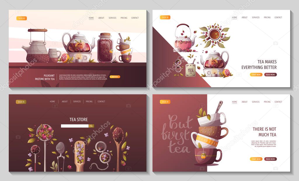 set of design templates for your website. tea time banners, hand-drawn tea time set for the website, posters.