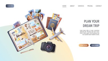 Seyahat ve macera şablonu, seyahat zamanı, turizm web sitesi, vektör illüstrasyonu. Web sitesi tasarım şablonu. Turizm bayrağı, web sitesi seyahati 