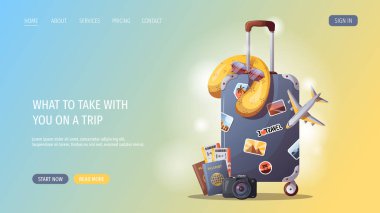 Seyahat ve macera şablonu, seyahat zamanı, turizm web sitesi, vektör illüstrasyonu. Web sitesi tasarım şablonu. Turizm bayrağı, web sitesi seyahati 
