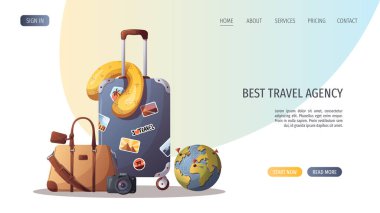 Seyahat ve macera şablonu, seyahat zamanı, turizm web sitesi, vektör illüstrasyonu. Web sitesi tasarım şablonu. Turizm bayrağı, web sitesi seyahati 