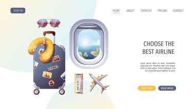 Seyahat ve macera şablonu, seyahat zamanı, turizm web sitesi, vektör illüstrasyonu. Web sitesi tasarım şablonu. Turizm bayrağı, web sitesi seyahati 