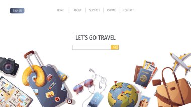 Seyahat ve macera şablonu, seyahat zamanı, turizm web sitesi, vektör illüstrasyonu. Web sitesi tasarım şablonu. Turizm bayrağı, web sitesi seyahati 