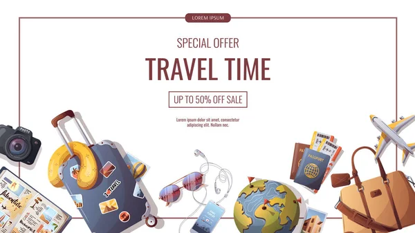 Banner Viaje Aventura Tiempo Para Viajar Tarjeta Turismo Ilustración Vectorial — Vector de stock
