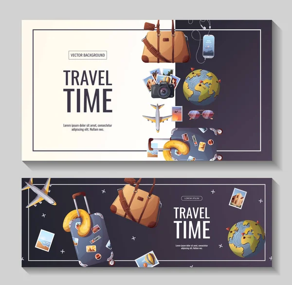 Conjunto Volantes Viaje Aventura Tiempo Para Viajar Tarjetas Turismo Ilustración — Vector de stock