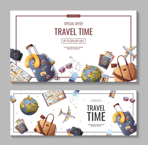Zestaw Ulotek Podróżniczych Przygodowych Czas Podróży Karty Turystyczne Ilustracja Wektorowa — Wektor stockowy