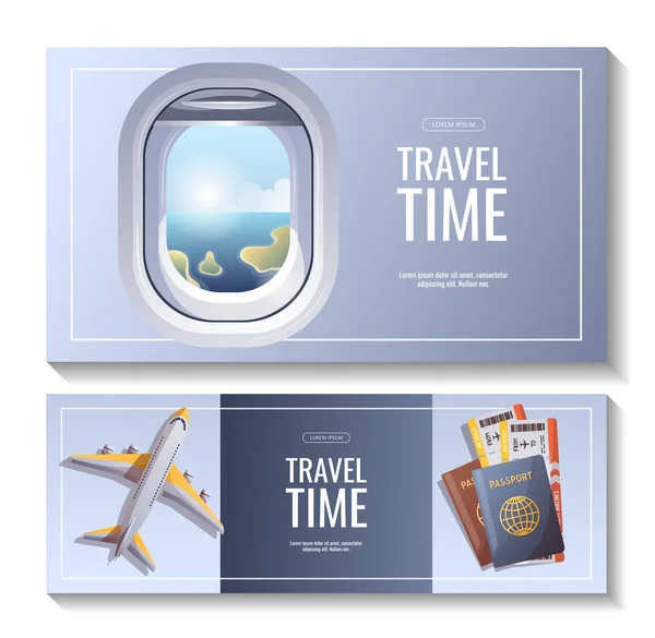 Conjunto Viagens Folhetos Aventura Tempo Para Viajar Cartões Turismo Ilustração —  Vetores de Stock