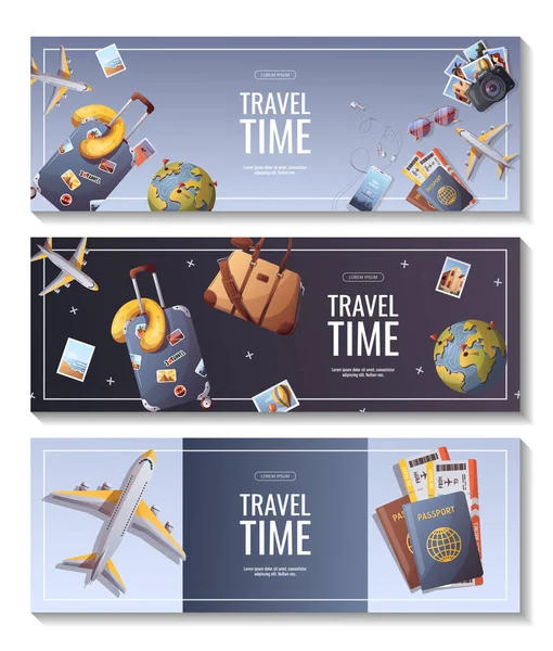 Reise Und Abenteuerflyer Reisezeit Touristenkarten Vektorillustration Design Vorlagen Tourismusfahnen — Stockvektor