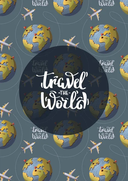 Podróżnik Przygoda Ulotki Wzorem Samolotów Czas Podróży Karta Turystyczna Ilustracja — Wektor stockowy
