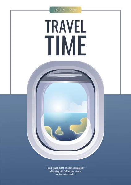Janela Companhia Aérea Tempo Para Viajar Cartão Turismo Ilustração Vetorial — Vetor de Stock
