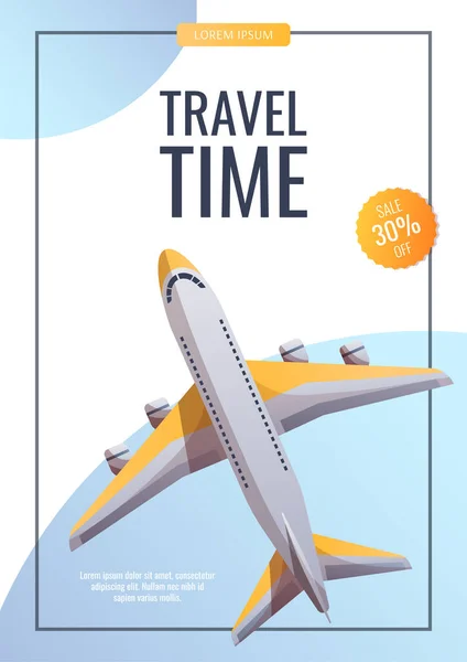 Viaje Aventura Volante Con Avión Tiempo Viaje Tarjeta Turismo Ilustración — Vector de stock