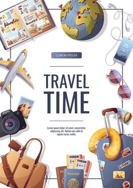 Viagem Aventura Folheto Tempo Para Viajar Cartão Turismo Ilustração Vetorial —  Vetores de Stock