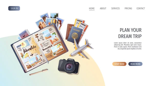 旅行や冒険のテンプレート 旅行する時間 観光ウェブサイト ベクトル図のために ウェブサイトのデザインテンプレートです 観光旅行バナーウェブサイト旅行 — ストックベクタ