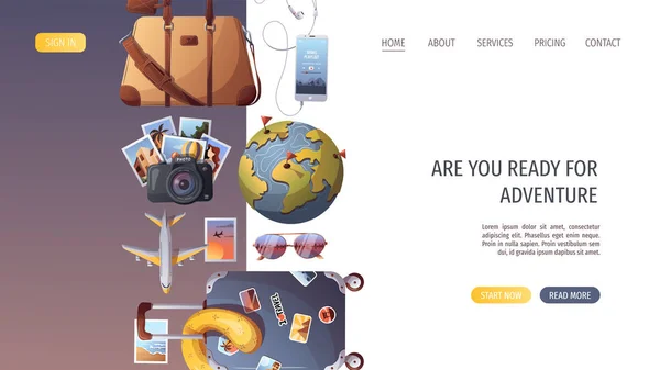 旅行や冒険のテンプレート 旅行する時間 観光ウェブサイト ベクトル図のために ウェブサイトのデザインテンプレートです 観光旅行バナーウェブサイト旅行 — ストックベクタ