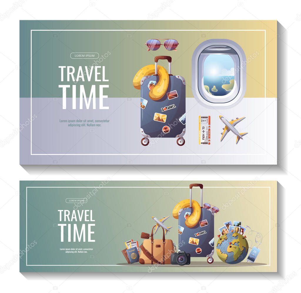 Set of travel and adventure flyers, time to travel, tourism cards, vector illustration. design templates. tourism travel banners 