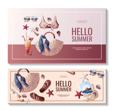 Plaj tatilleri, yaz tatili, dinlenme ve dinlenme konsepti. Vektör Resimleri. Pankart, broşür, poster, reklam.