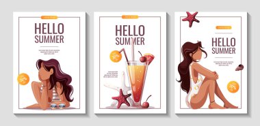 Üzerinde kocaman meyve kokteyli ve kadınlar olan el ilanları. Sahil tatilleri, yaz tatili, yaz indirimi konsepti. Pankart, el ilanı, reklam, kapak için vektör illüstrasyonu.