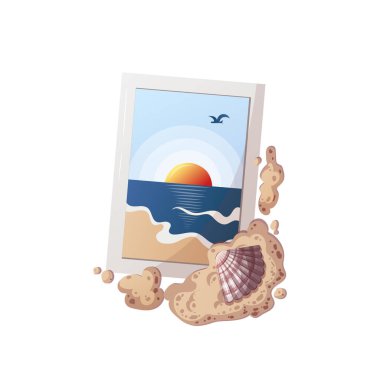 Deniz sahili fotoğrafçılığı, deniz kabuğu, kum. Plaj tatilleri, yaz, deniz doğası konsepti. İzole vektör illüstrasyonu.