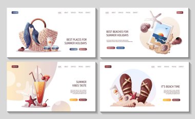 Bir dizi yaz web sayfası. Sandaletler, rattan çanta, deniz kabukları, deniz kıyısı fotoğrafçılığı, kokteyl. Plaj tatilleri, yaz tatili, boş zaman, dinlenme konsepti. Vektör Resimleri. Pankart, web sitesi, poster.