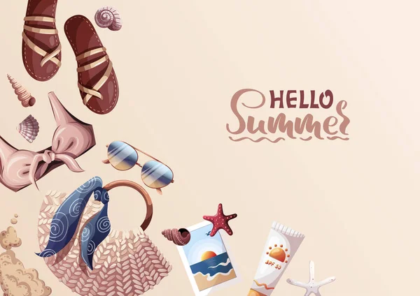 Summer Card Cover Rattan Bag Sunscreen Sunglasses Sandals Swimsuit Beach — Stock vektor