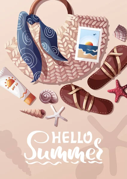 Summer Card Cover Rattan Bag Sunscreen Sandals Seashells Beach Vibes — Stok Vektör