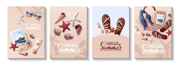 Set Summer Cards Sandals Rattan Bag Seashells Sunscreen Sea Beach — Wektor stockowy