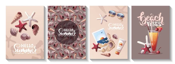 Set Summer Cards Seashells Sunscreen Sea Beach Photography Cocktail Beach — Stockový vektor