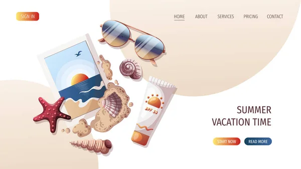 Sea Beach Photography Seashells Sand Sunglasses Sunscreen Beach Holidays Summer — Stock Vector