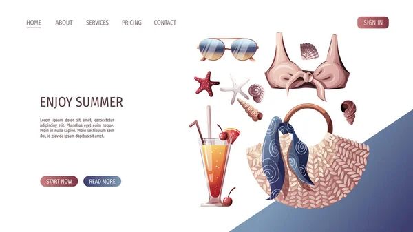 Swimsuit Rattan Bag Seashells Cocktail Sunglasses Beach Holidays Summer Vacation — Stock Vector