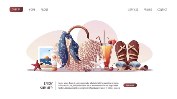 Rattan Bag Sandals Seashells Sunscreen Cocktail Sunglasses Beach Holidays Summer — Stock Vector