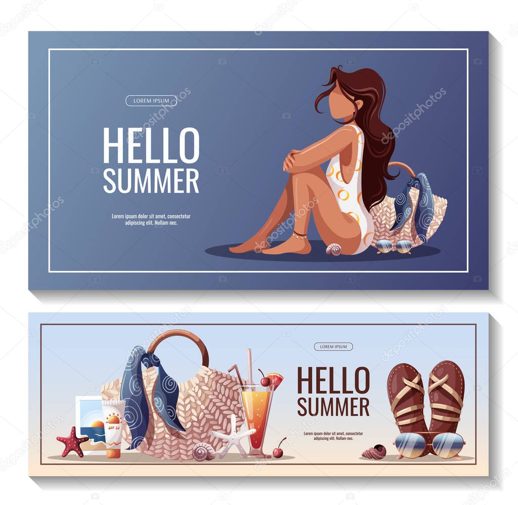 Set of summer banners. Woman in swimsuit. Sandals, rattan bag, seashells, cocktail. Beach Holidays, Summer vacation, sale concept. Vector Illustration. Poster, banner, advertising, flyer, sale.