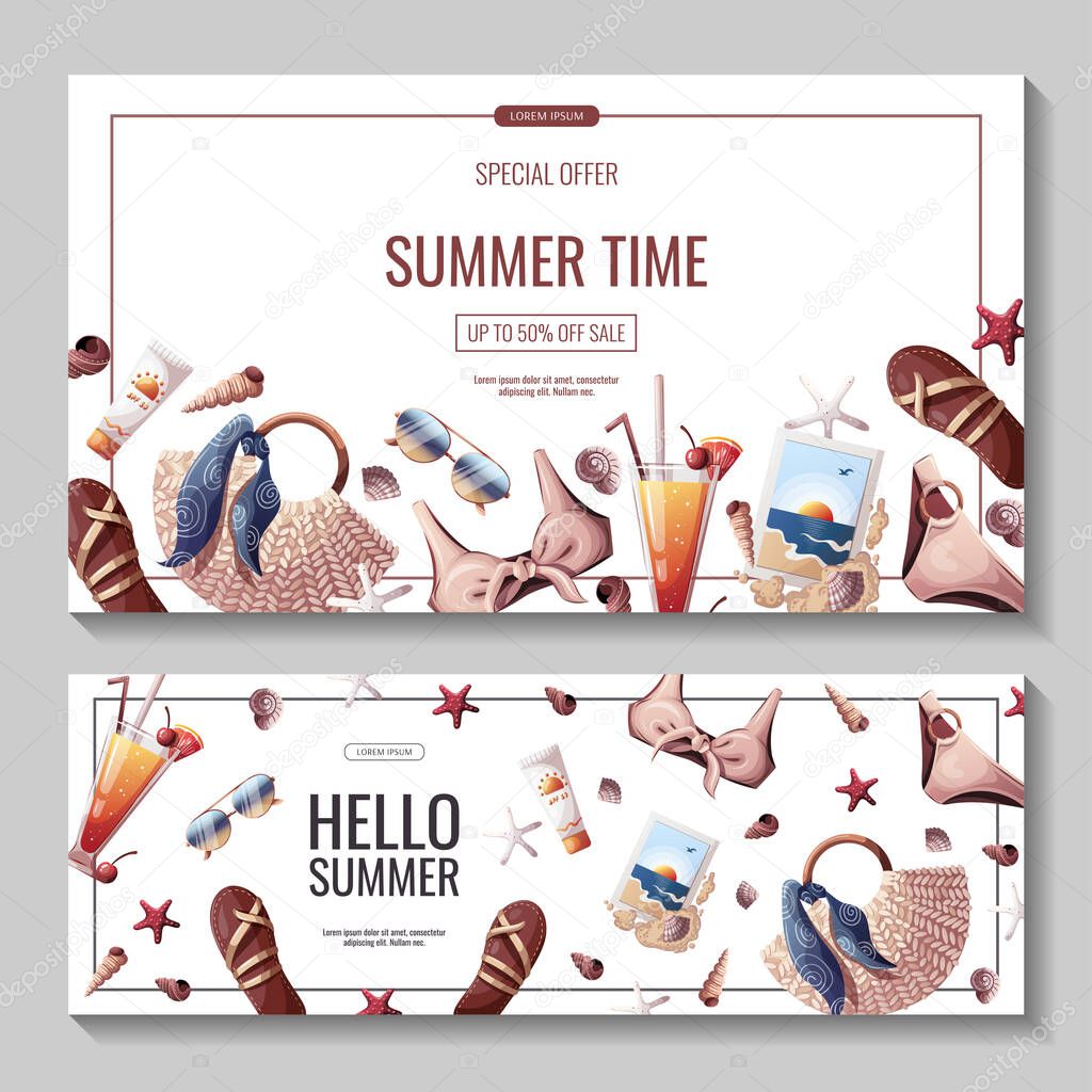 Set of summer banners for beach Holidays, Summer vacation, Leisure, Recreation concept. Vector Illustrations. Banner, flyer, poster, advertising.