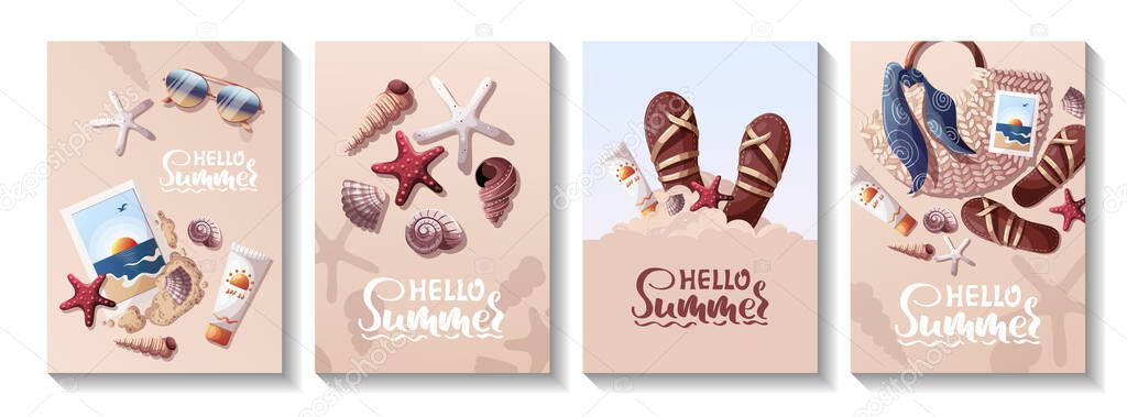 Set of summer cards. Sandals, rattan bag, seashells, sunscreen, sea beach photography. Beach Holidays, Summer vacation, Leisure, Recreation concept. A4 Vector Illustrations. Postcard, cover, poster.