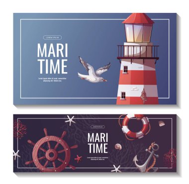 Set of banners with lighthouse, ship's steering wheel, anchor, lifebuoy, seagulls, seashells. Maritime, sea coast, marine life, nautical concept. Vector illustrations.