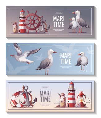 Set of banners with lighthouse, ship's steering wheel, anchor, lifebuoy, sand bottle, corals, seagulls, seashells. Maritime, sea coast, marine life, nautical concept. Vector illustrations.