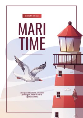 Flyer design with Lighthouse and flying seagull. Maritime, sea coast, marine life, nautical concept. Vector illustration. Flyer, cover, banner template.