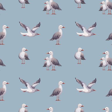 Seamless pattern with seagulls. Maritime, sea coast, marine life, nautical concept. Vector illustration.