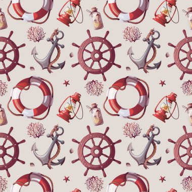 Seamless pattern with lifebuoy, ship's steering wheel, anchor, corals, seashells, sand bottle. Maritime, sea coast, marine life, nautical concept. Vector illustration.
